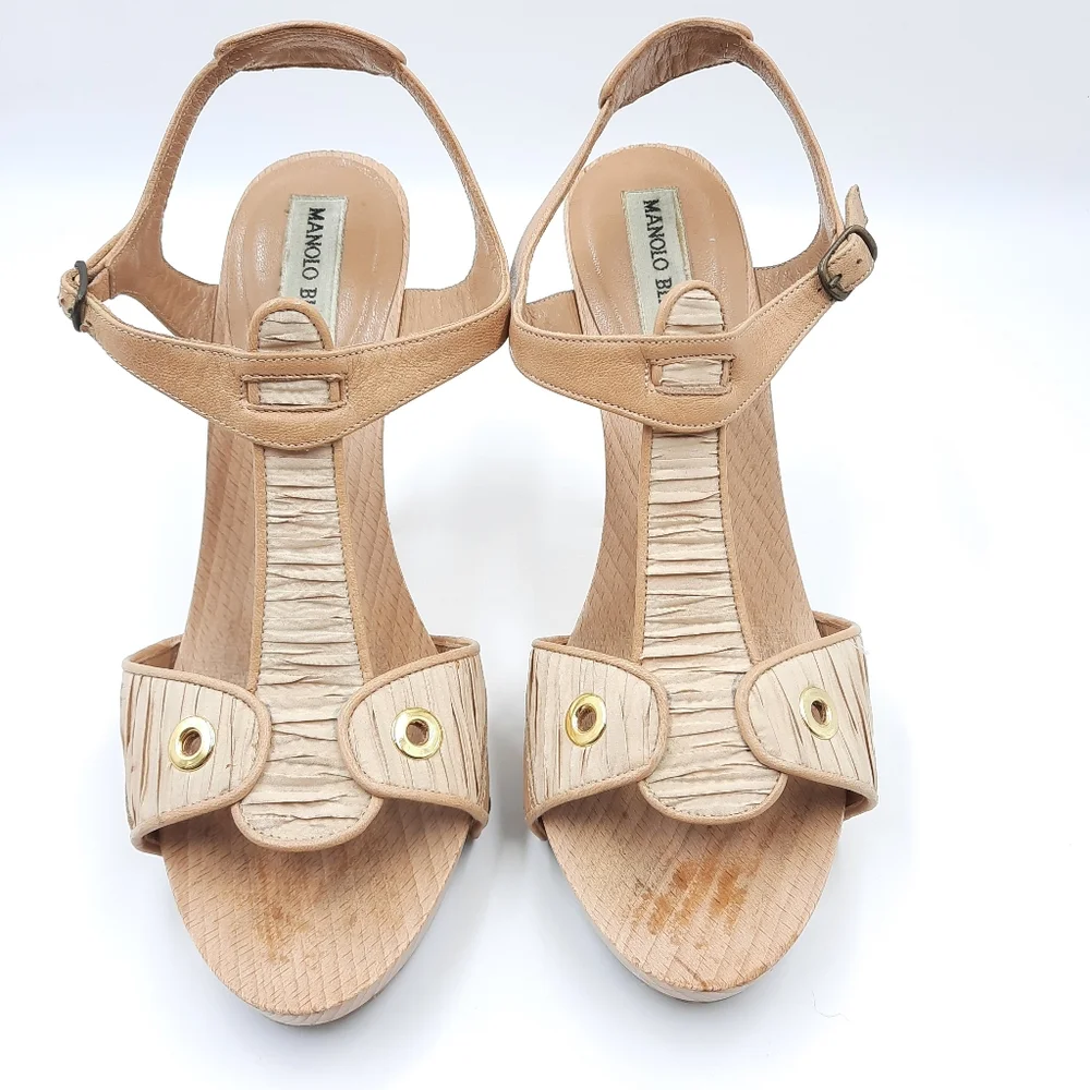 Manolo Blahnik Y2K Wood Platform Sandal Heel Bohemian Coquette 70s Tan 37 EU - Picture 11 of 14